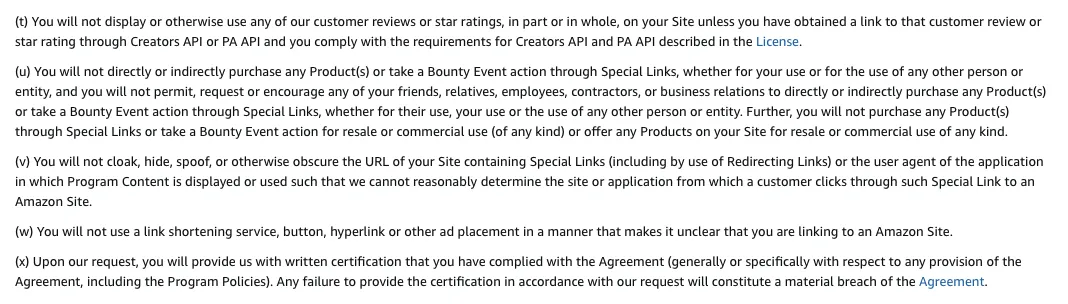 Amazon Associates Program Policies, Participation Requirements section 6, showing clauses (v) and (w) in full: (v) prohibits obscuring the URL of your own Site so Amazon cannot determine where a click came from, and (w) prohibits using a link shortener in a manner that makes the Amazon destination unclear.