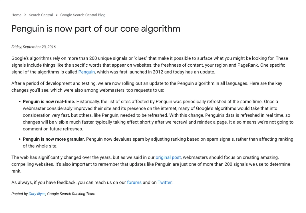 Google Search Central Blog, 23 September 2016, showing Google's own statement that Penguin is now real-time and that the affected-site list was previously refreshed periodically.