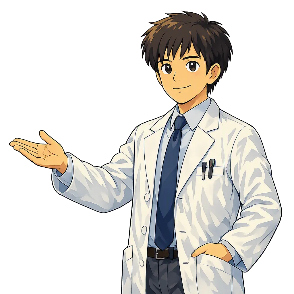 Illustration of the builder behind this site, in a white lab coat.